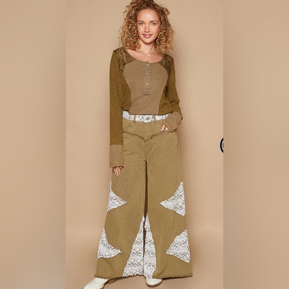 POL Pants - POL Olive and White Wide-Leg Pants